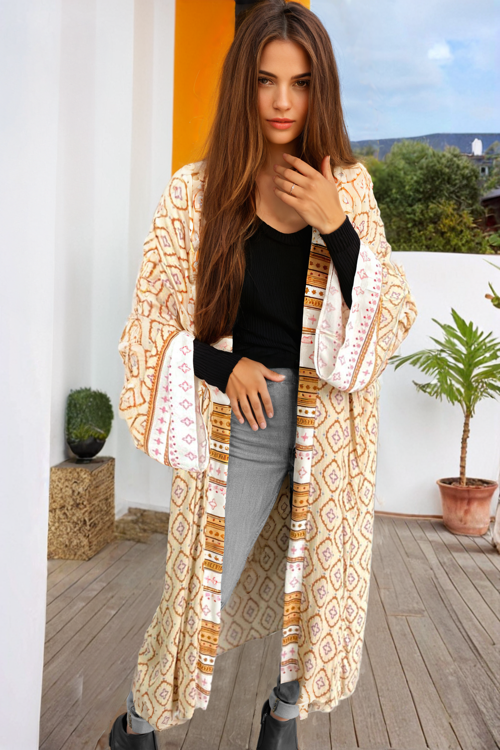 Yellow Bohemian Geometric Printed Loose Sleeve Long Kimono eAura