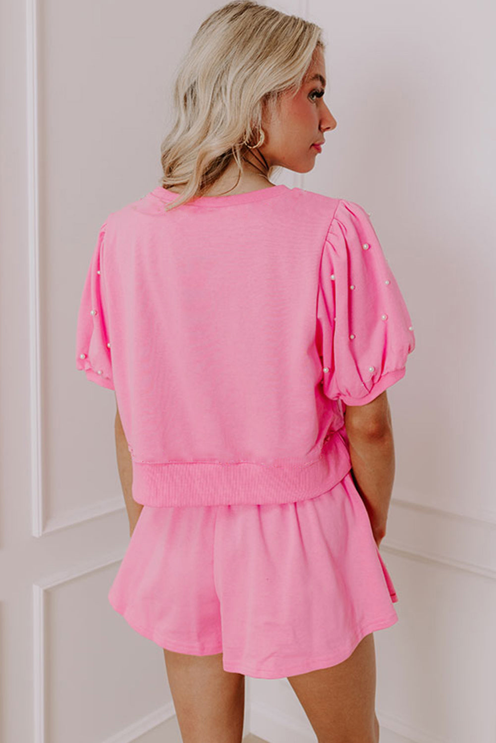 Pink Contrast Bow Trim Pearl Puff Sleeve Top and Skort Co-ord eAura