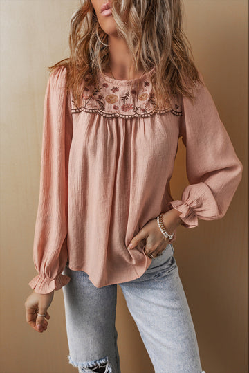 Gossamer Pink Floral Embroidered Textured Flounce Sleeve Elegant Blouse eAura