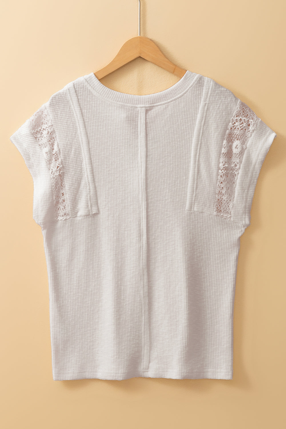 White Ribbed Texture Lace Patchwork Short Sleeve Top eAura