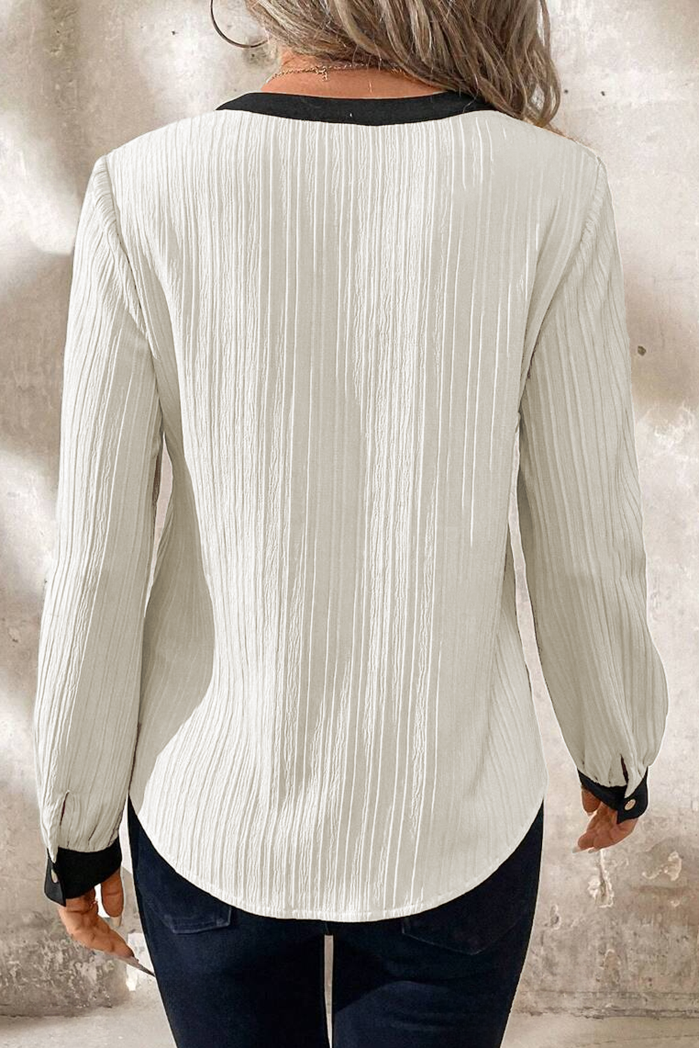 White Textured Colourblock V Neck Elegant Blouse eAura