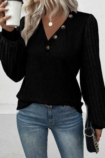Black Buttoned V Neck Ribbed Puff Sleeve Top eAura