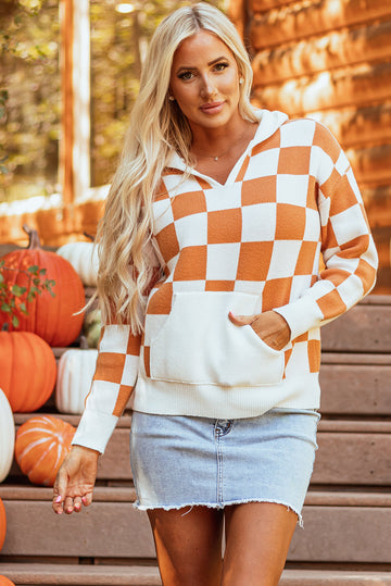 Gold Flame Checkered Split Neck Contrast Kangaroo Pocket Hoodie Sweater eAura