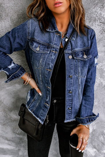 Blue Lapel Distressed Raw Hem Buttons Denim Jacket BB Fashion Outlet
