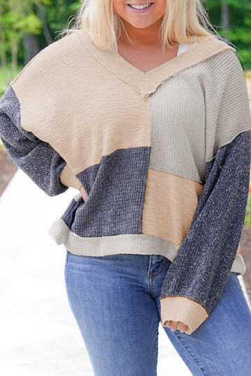 Ashleigh Blue Plus Size Textured Colourblock Patchwork V Neck Top BB Fashion Outlet