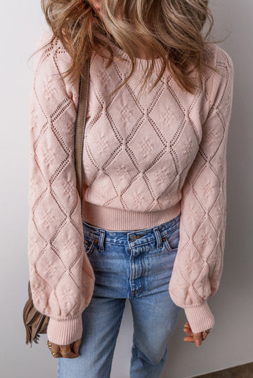 Gossamer Pink Openwork Plaid Puff Sleeve Cropped Sweater eAura