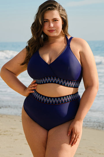 Navy Blue Embroidered Trim Wrap Tie Knot Plus Size High Waisted Bikini BB Fashion Outlet