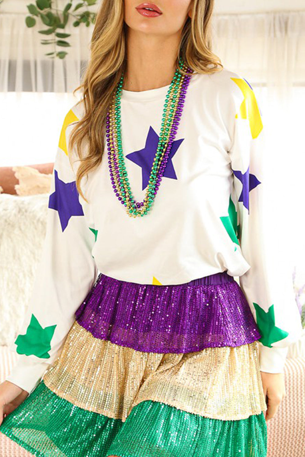 White Mardi Gras Star Printed Long Sleeve Top eAura