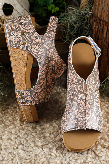 Brown Vintage Floral Leather Rivet Hollowed Platform Sandals BB Fashion Outlet
