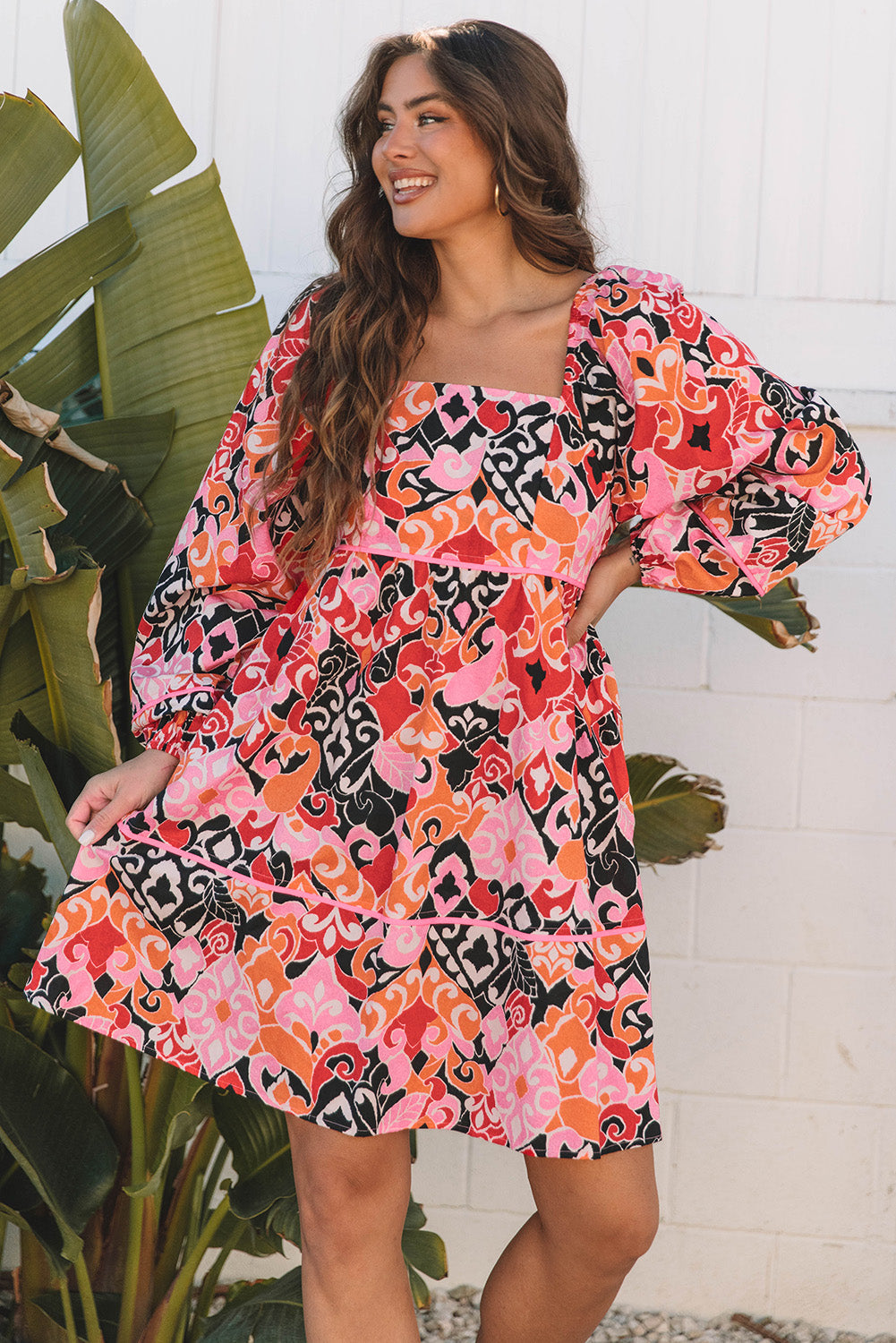 Pink Bohemian Square Neck Puff Sleeve Mini Dress eAura