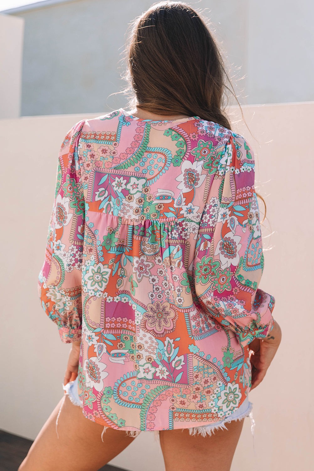Multicolour Boho Floral Bubble Sleeve Tassel Tied Neck Pleated Blouse eAura