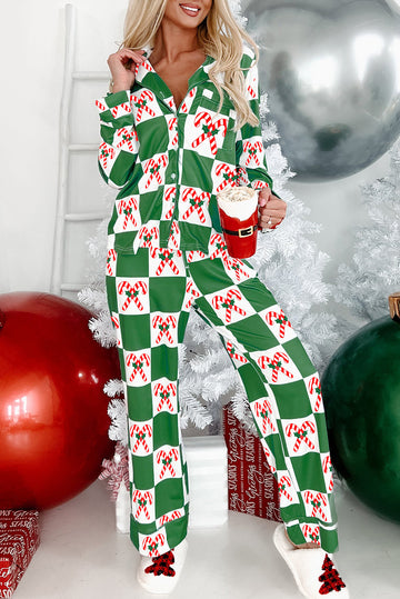 Green Holly Jolly Checkered Pattern Pyjama Set - eAura