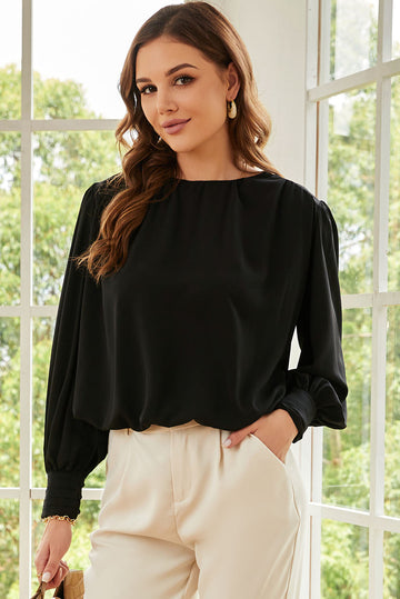 Black Padded Shoulder Buttoned Cuffs Pleated Loose Blouse eAura