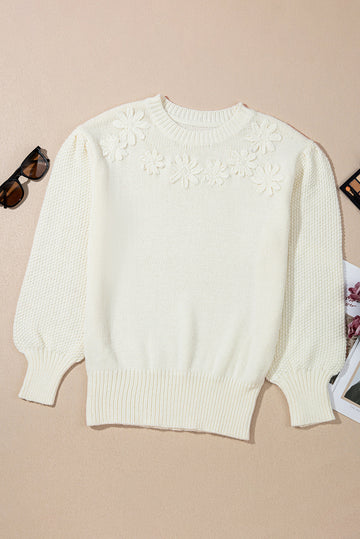 White Flower Detail Round Neck Puff Sleeve Sweater eAura