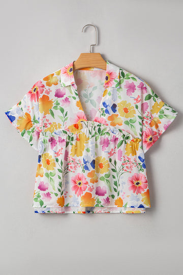 Yellow Floral Boxy Fit Ruffled Short Sleeve V Neck Blouse eAura