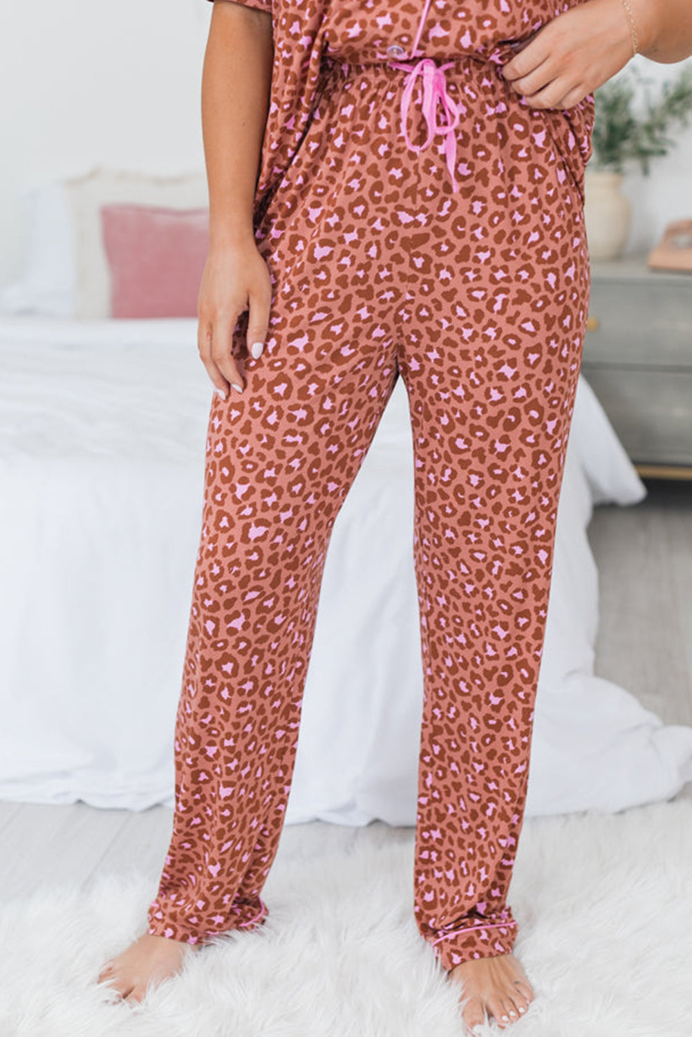 Brown Leopard Print Short Sleeve Shirt and Trousers Pyjamas Set eAura