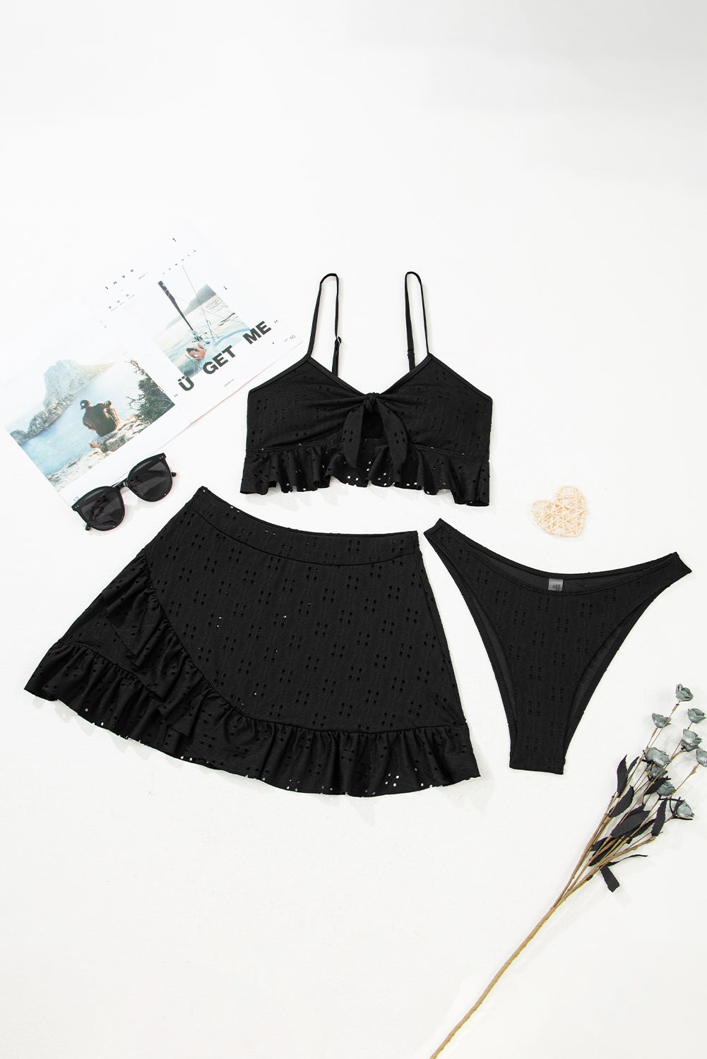 Black Eyelet Pattern Knotted Ruffle Trim 3pcs Bikini Set eAura
