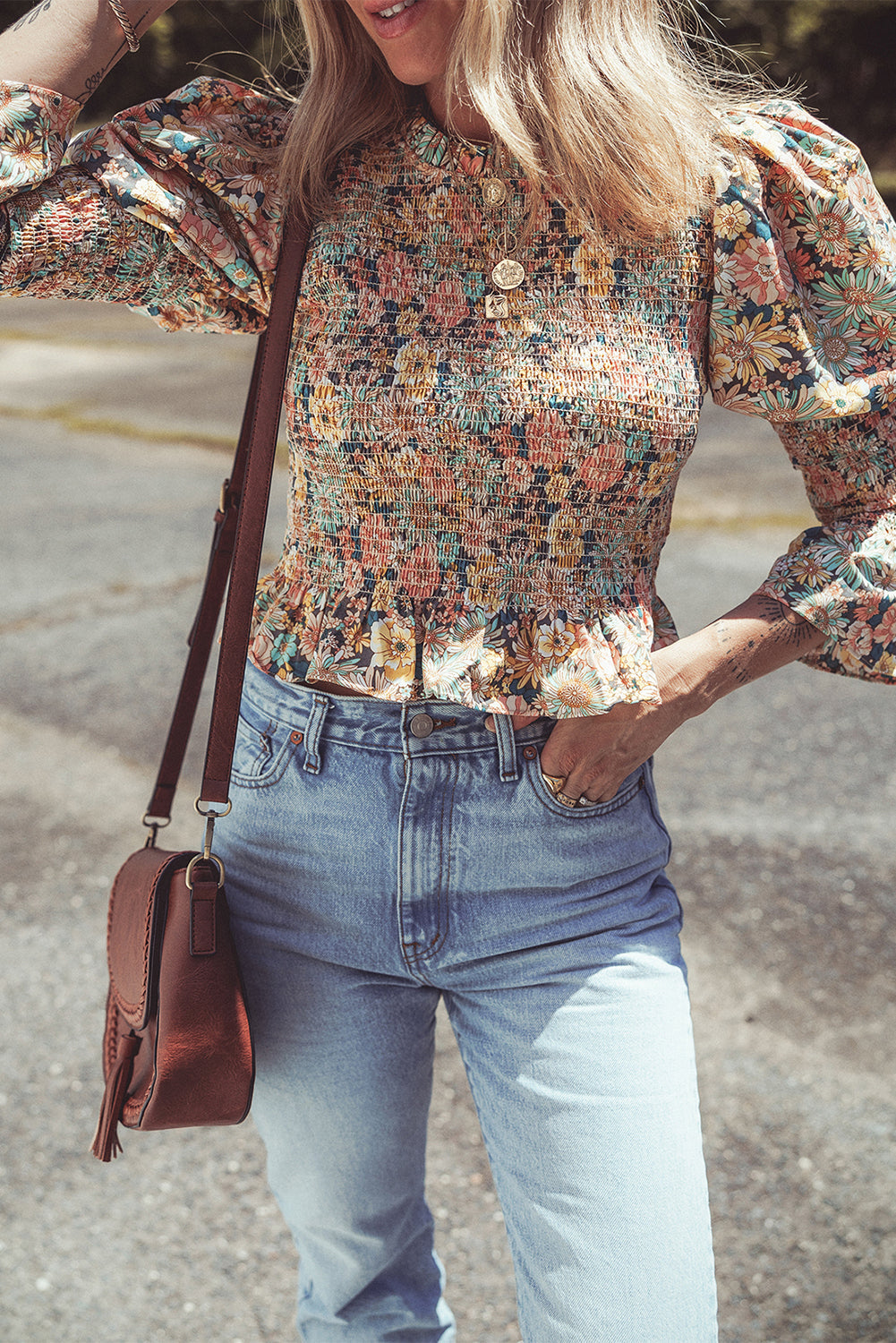 Yellow Floral Print Smocked Bubble Sleeve Ruffled Crop Top eAura