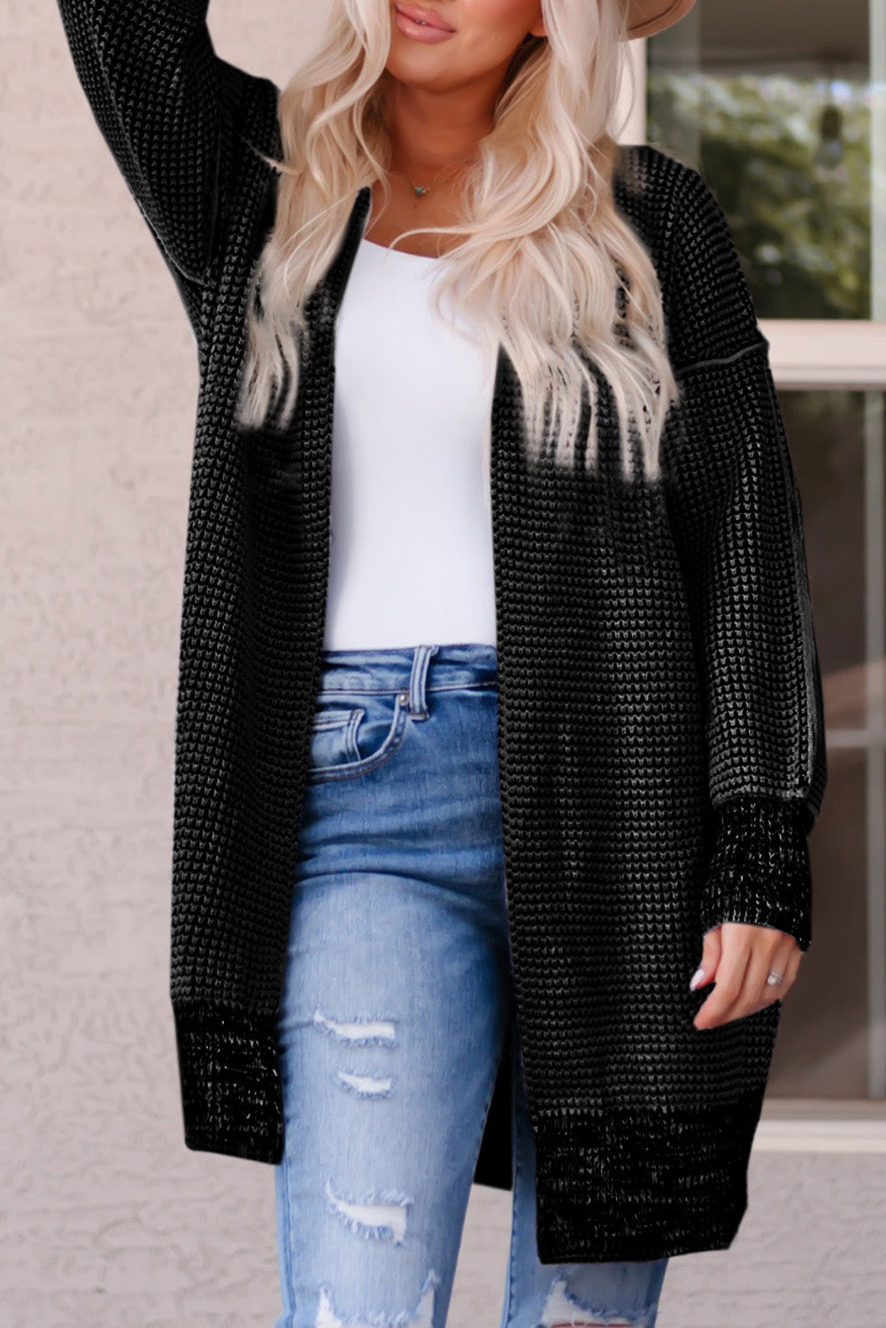 Apricot Plaid Knitted Long Open Front Cardigan eAura