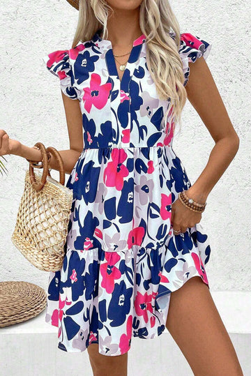 Floral Print Notched Neck Flutter Sleeve Mini Dress BB Fashion Outlet