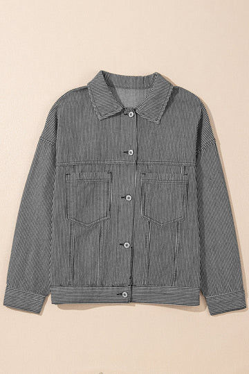 Blue Stripe Washed Oversize Pocketed Denim Jacket Beagle Boutique Fashion Outlet