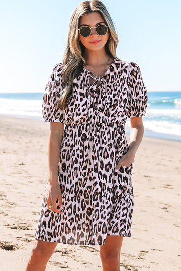 Leopard Print Tied Front Keyhole Puff Short Sleeve Mini Dress eAura