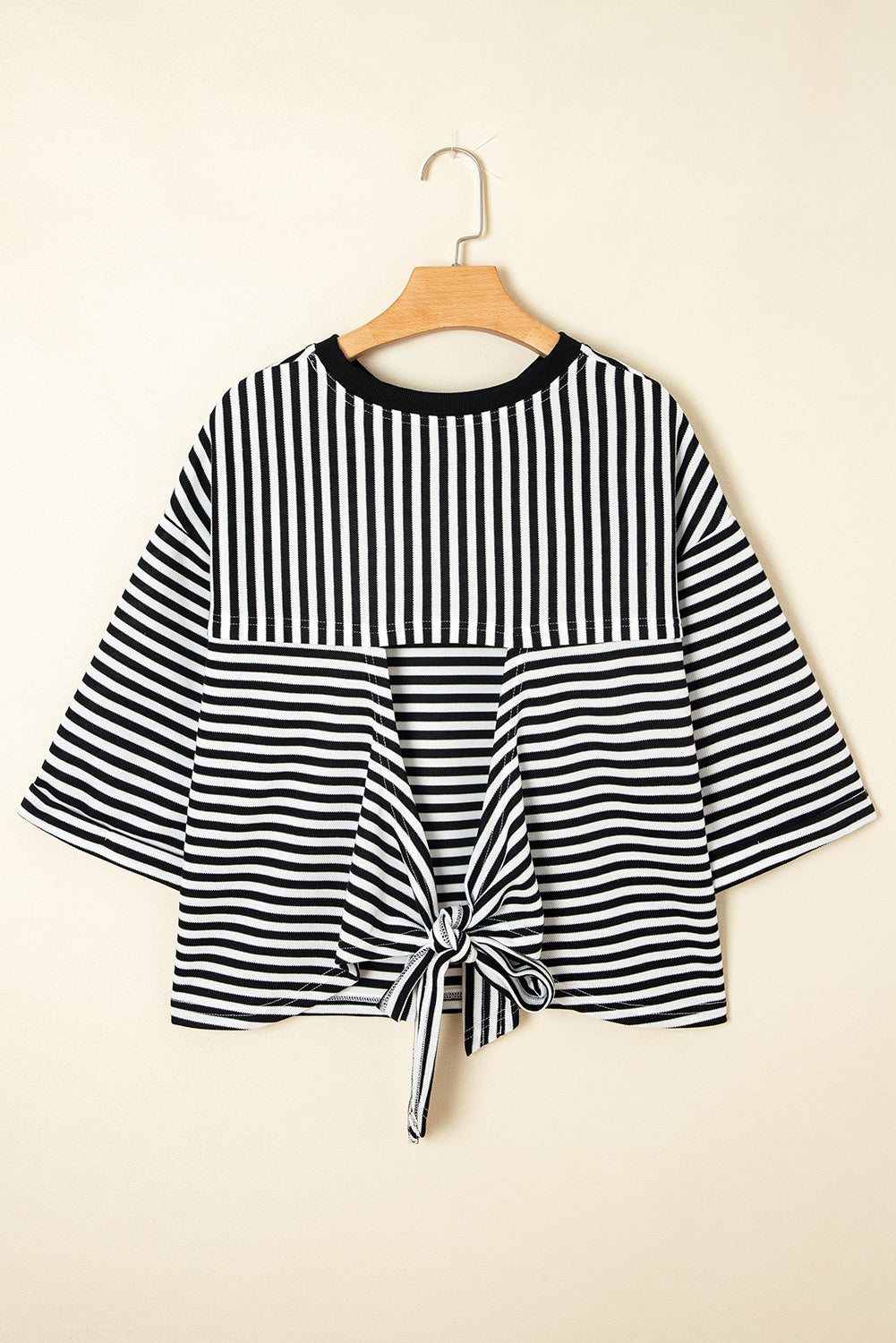 Black Stripe Bowknot Cutout Back Drop Shoulder Wide Bracelet Sleeve Loose Tee eAura
