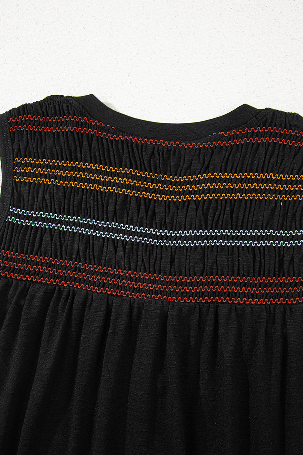 Black Shirred Yoke Notched V-Neck Tank Top eAura