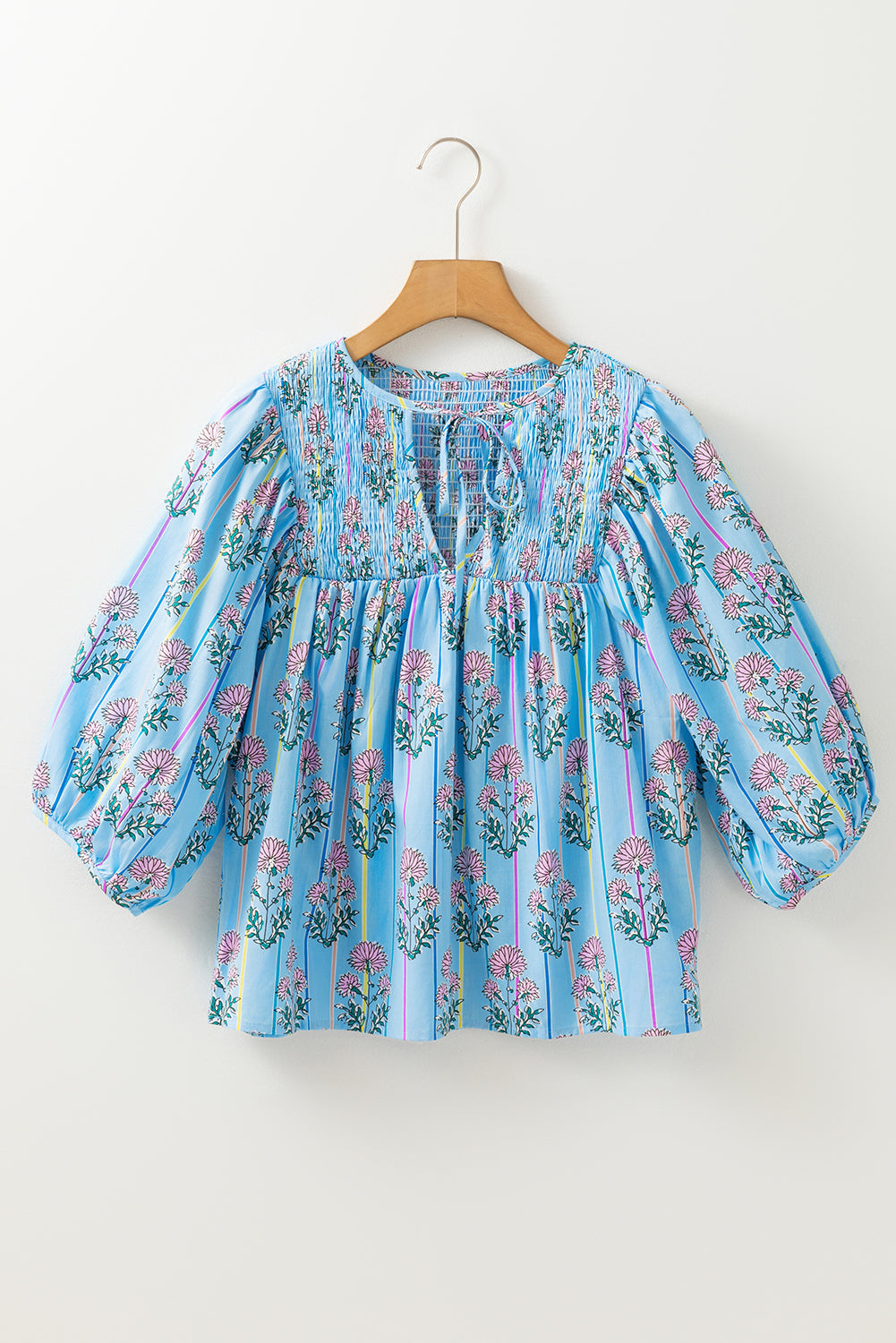 Sky Blue Floral Striped Print Tie Shirred Splie Neck Blouse eAura