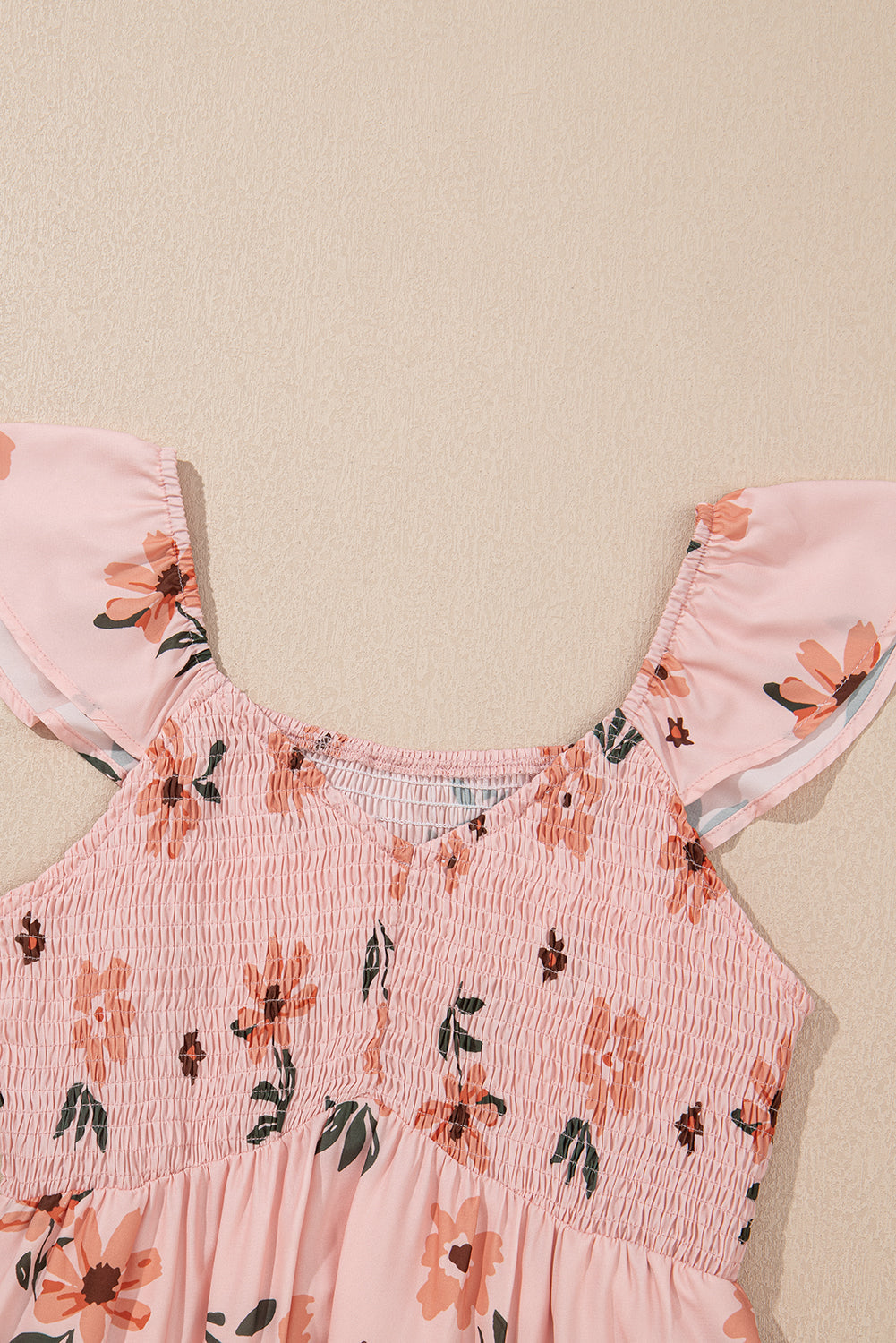 Pink Floral V Neck Smocked Ruffle Hem Maxi Dress eAura