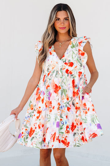 Pink Floral Double Ruffle Sleeve V Neck High Waist Mini Dress eAura
