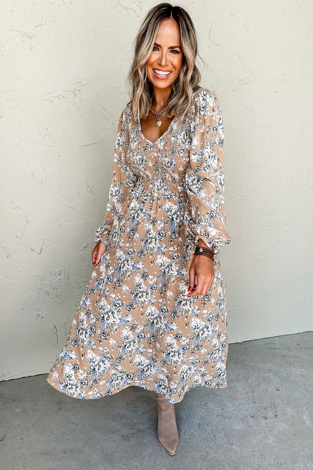 Khaki Maple Grove Floral Smocked Puff Sleeve Long Dress eAura