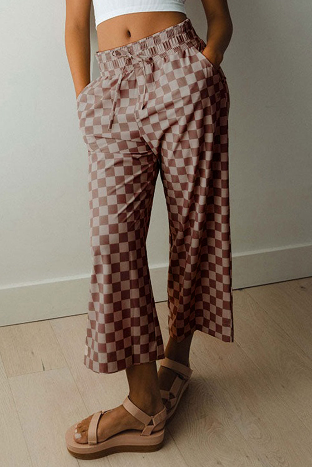 Checkered Elastic High Waist Loose Casual Trousers eAura