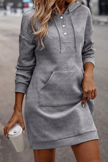 Grey Textured Kangaroo Pocket Drawstring Hooded Mini Dress eAura