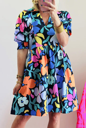 Blue Collared Split Neck Floral Flared Dress BB Fashion Outlet