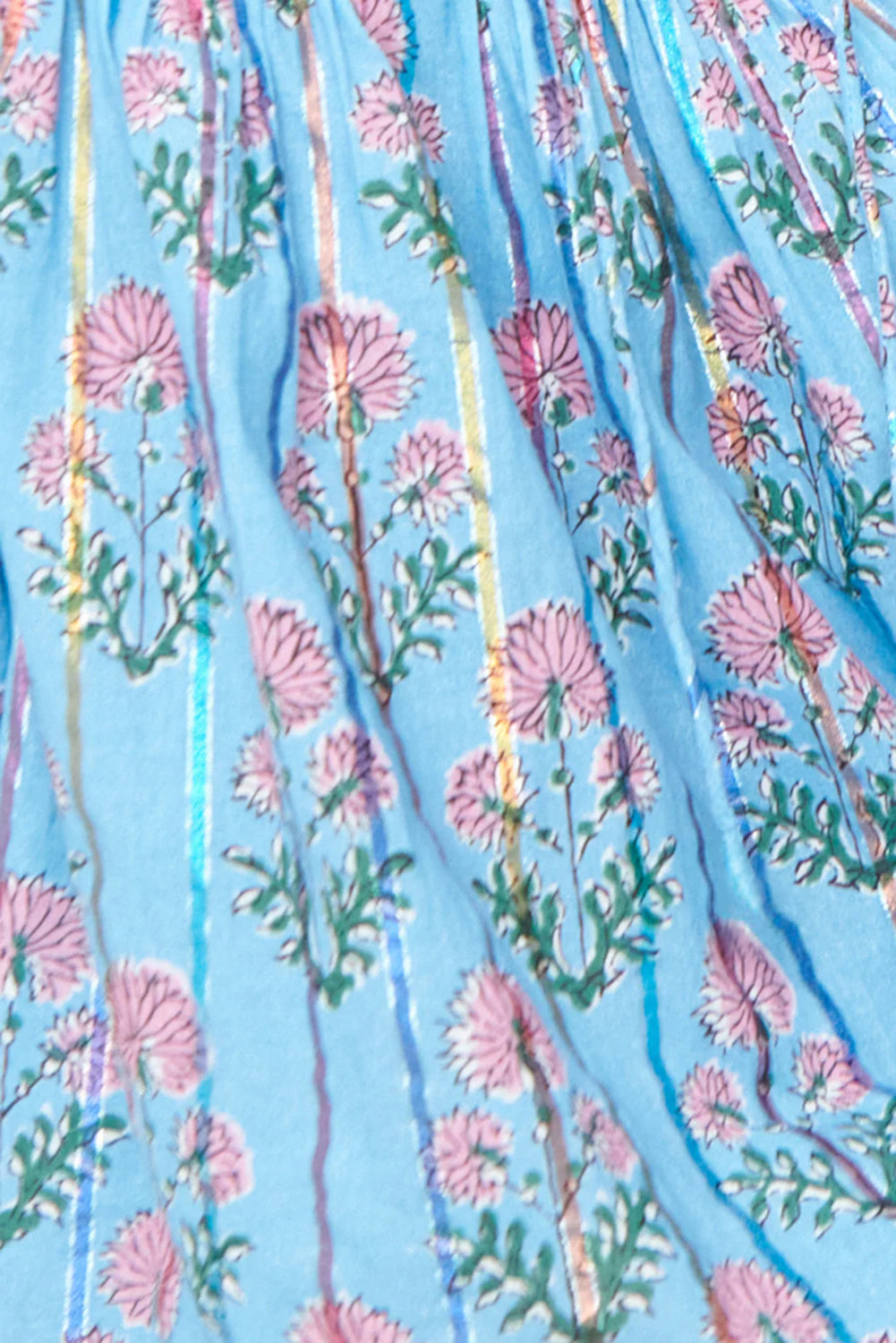 Sky Blue Floral Striped Print Tie Shirred Splie Neck Blouse eAura