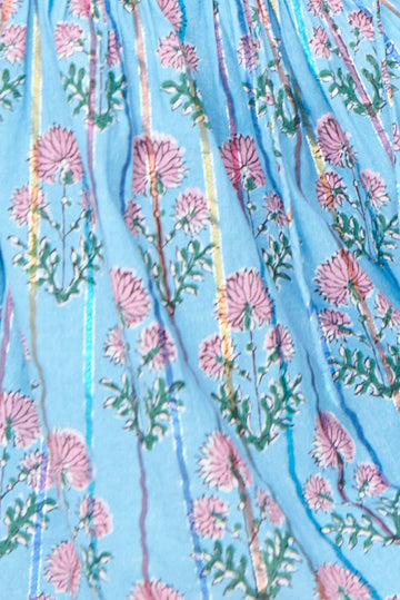 Sky Blue Floral Striped Print Tie Shirred Splie Neck Blouse eAura