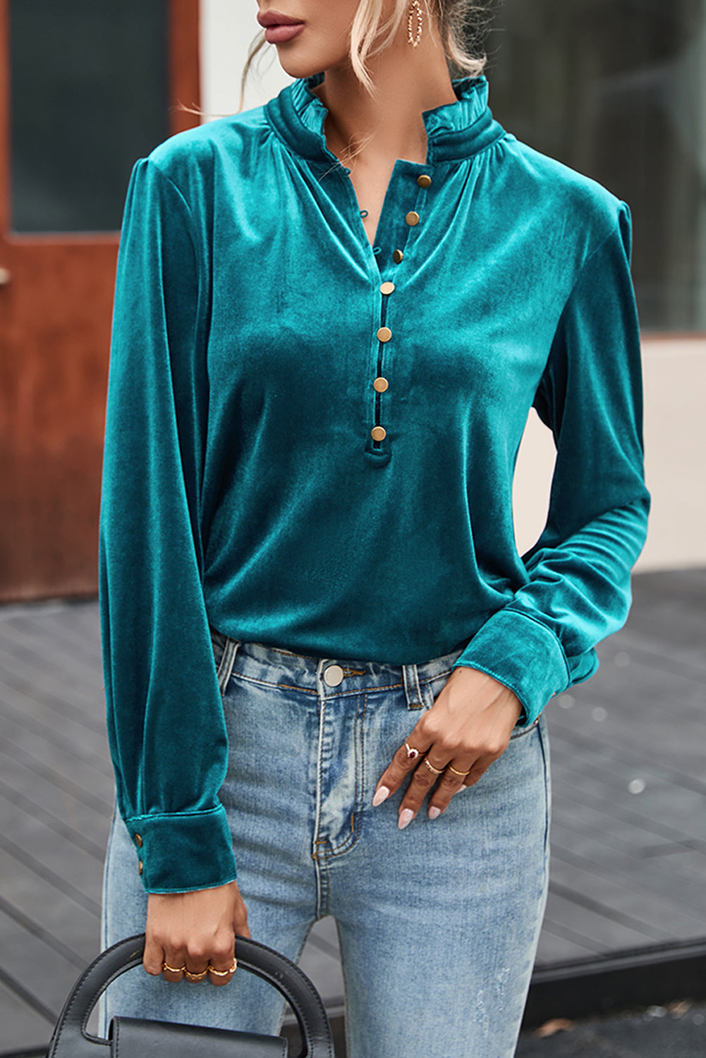 Burgundy Frilled Neck Buttoned Front Velvet Top eAura