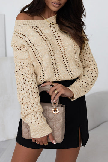 Khaki Eyelets Cable Knit Drop Shoulder Sweater eAura