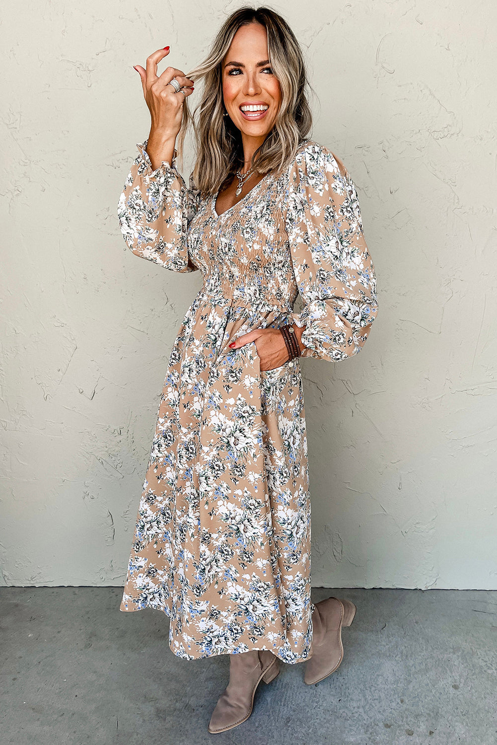 Khaki Maple Grove Floral Smocked Puff Sleeve Long Dress eAura