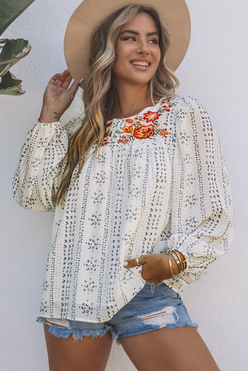 Beige Long Sleeve Embroidered Print Blouse eAura