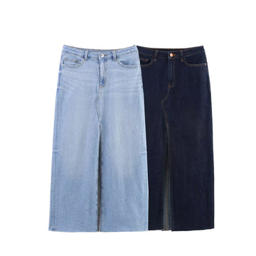 Midi Denim Skirt Front Slit and a Raw Hem eprolo