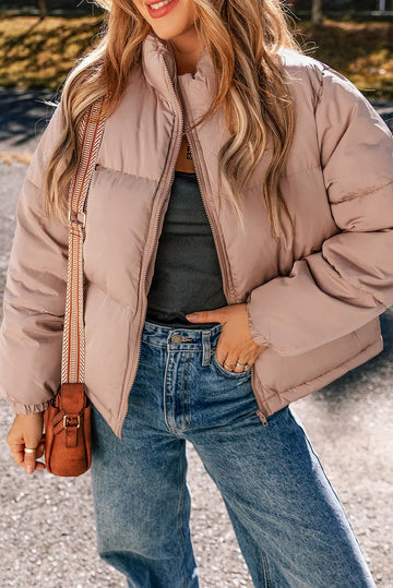 Apricot Pink Full Zipper Quilted Puffer Jacket Beagle Boutique Fashion Outlet