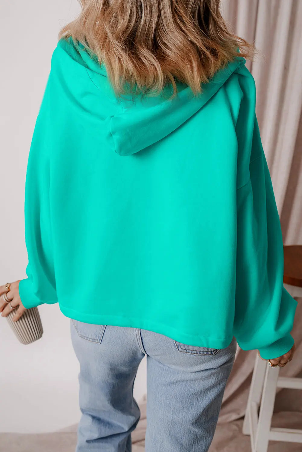 Aruba Blue Fleece Lined Half Zipper Kangaroo Pockets Loose Hoodie - BB Fashion Outlet
