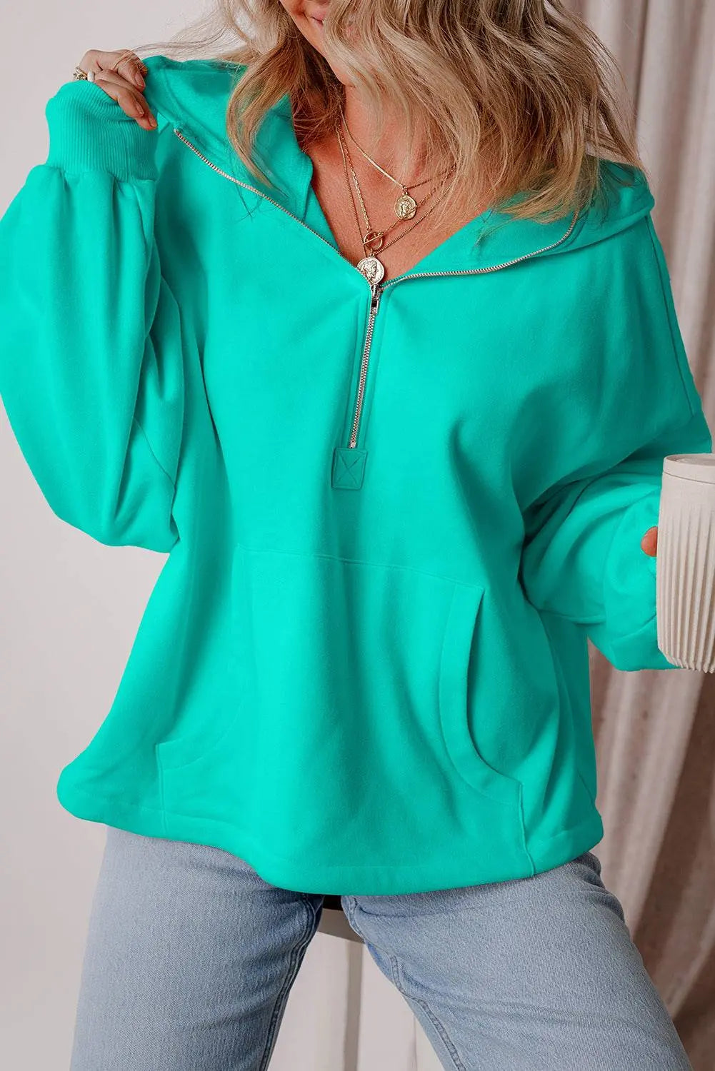 Aruba Blue Fleece Lined Half Zipper Kangaroo Pockets Loose Hoodie - BB Fashion Outlet