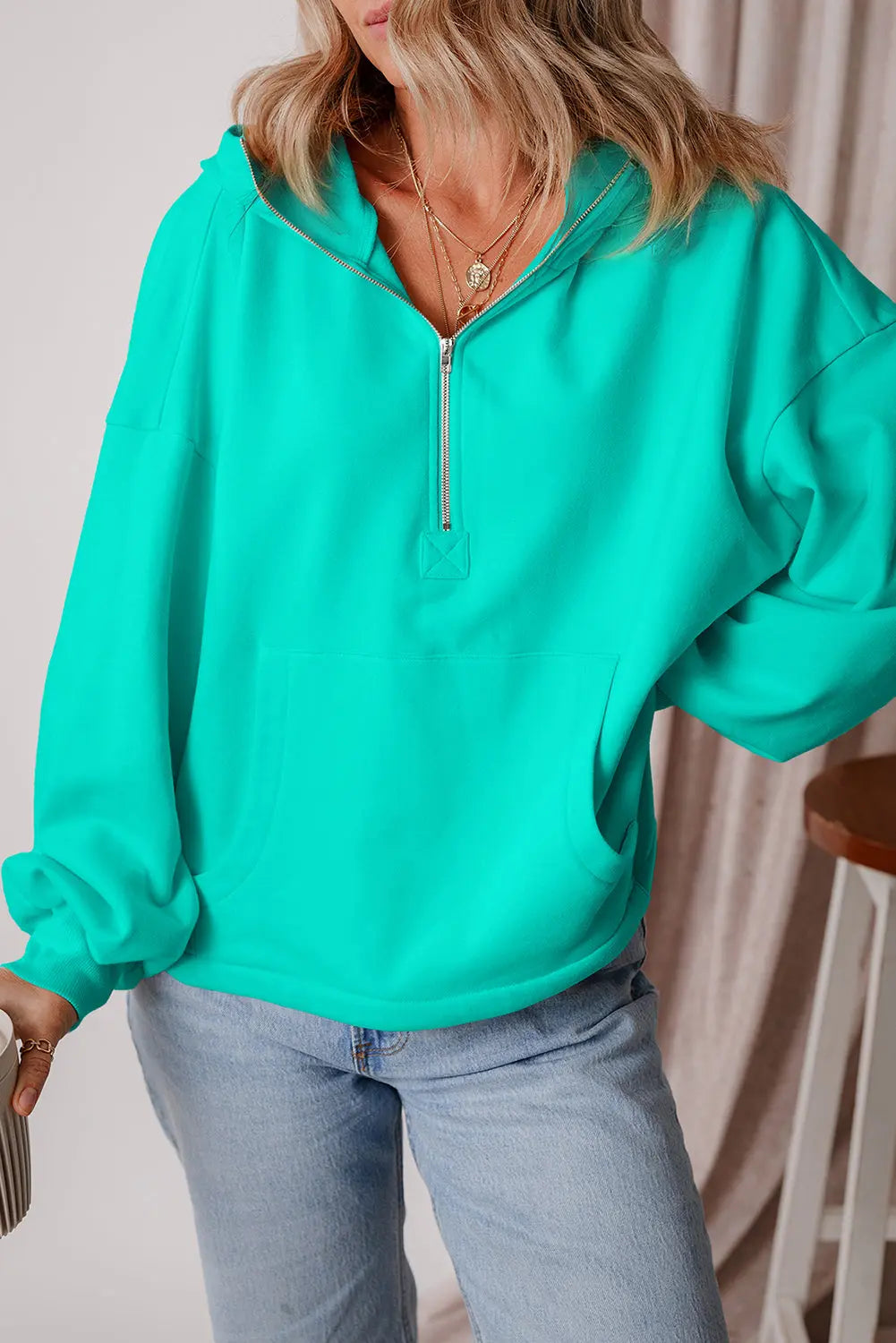 Aruba Blue Fleece Lined Half Zipper Kangaroo Pockets Loose Hoodie - BB Fashion Outlet