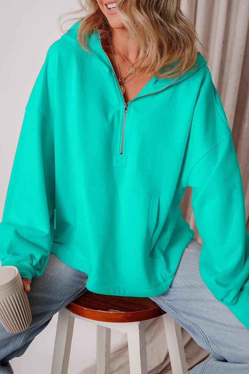 Aruba Blue Fleece Lined Half Zipper Kangaroo Pockets Loose Hoodie - BB Fashion Outlet