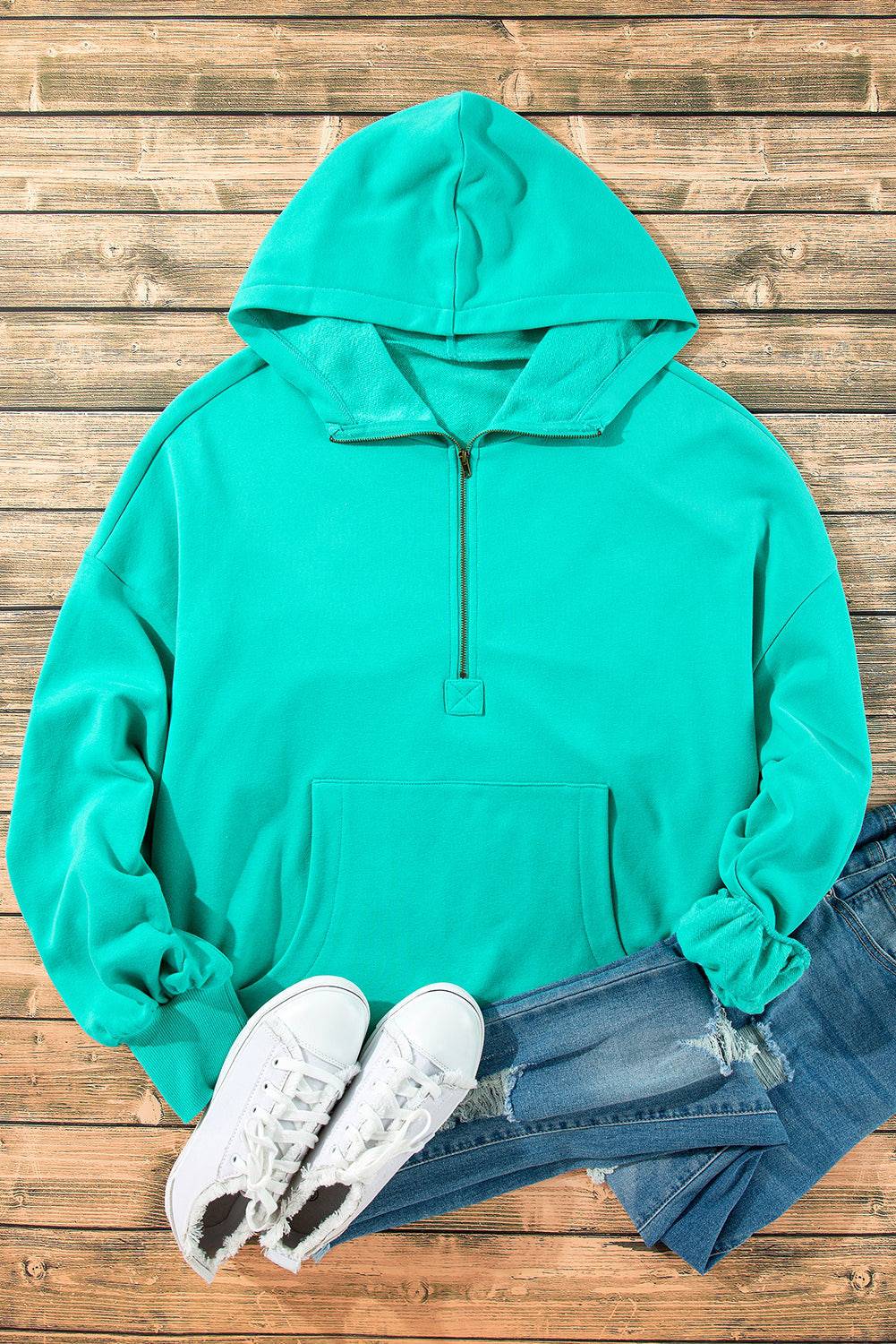 Aruba Blue Fleece Lined Half Zipper Kangaroo Pockets Loose Hoodie - BB Fashion Outlet