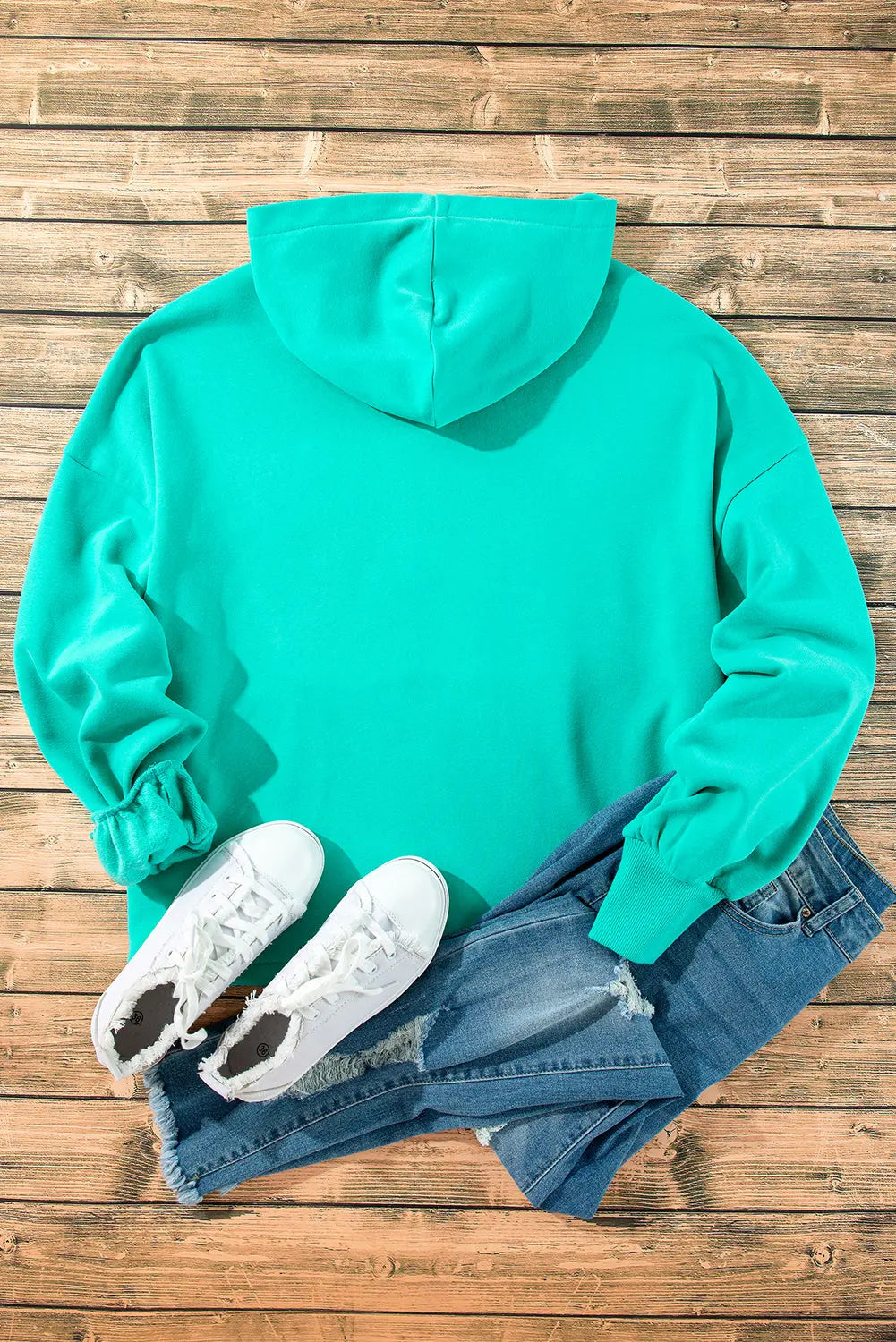 Aruba Blue Fleece Lined Half Zipper Kangaroo Pockets Loose Hoodie - BB Fashion Outlet