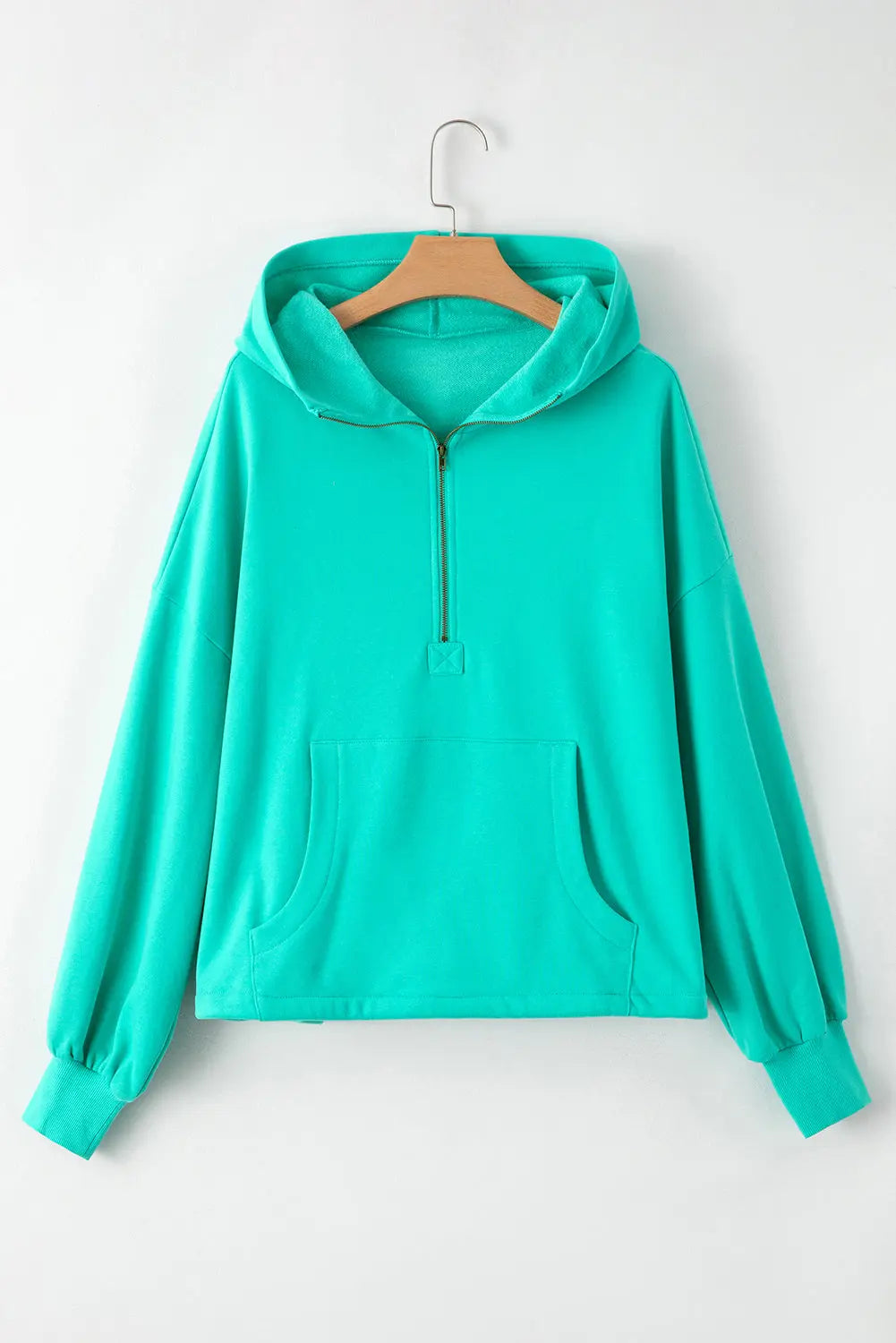 Aruba Blue Fleece Lined Half Zipper Kangaroo Pockets Loose Hoodie - BB Fashion Outlet